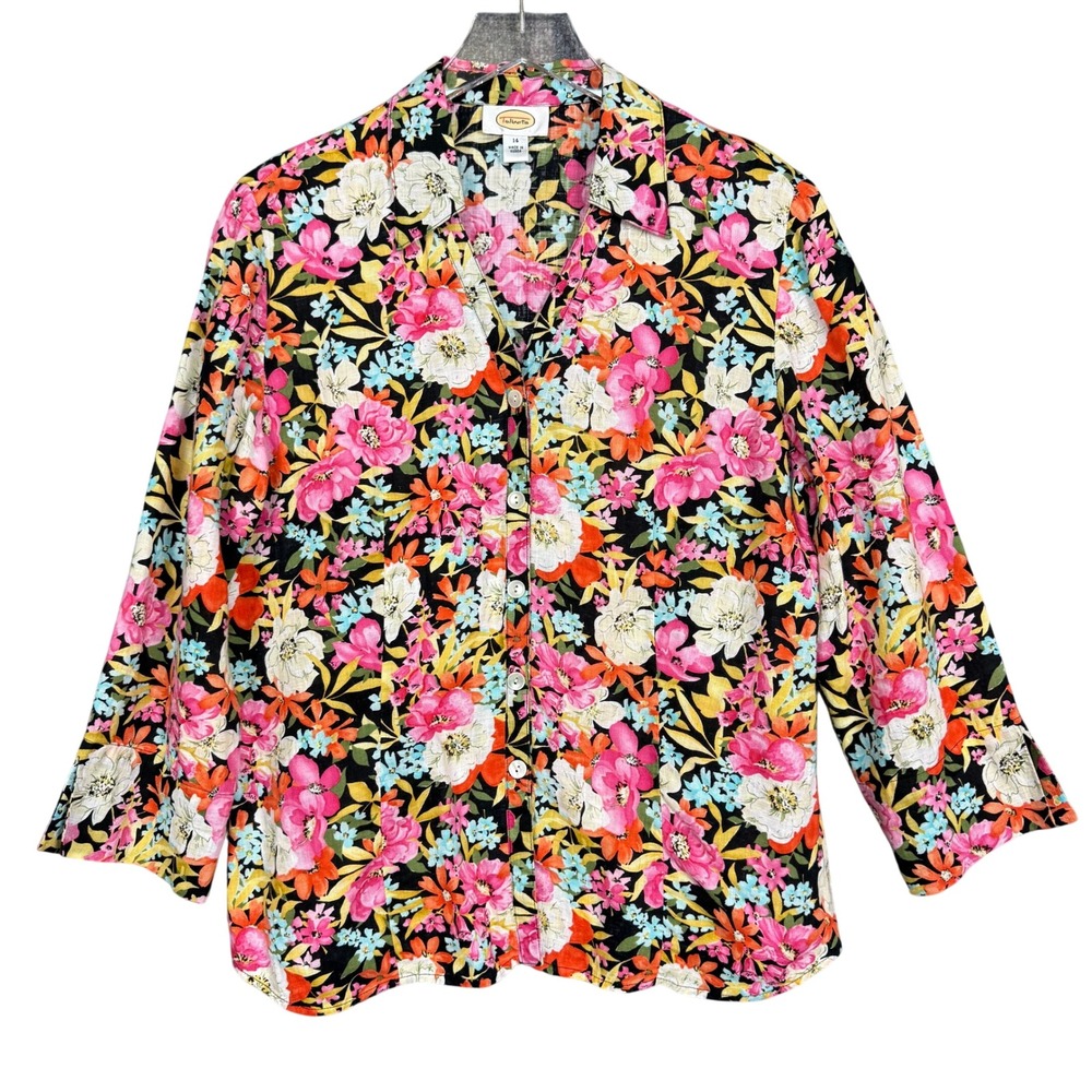 Talbots Shirt Womens 14 Black Pink Floral Linen Floral Button Down Blouse Spring